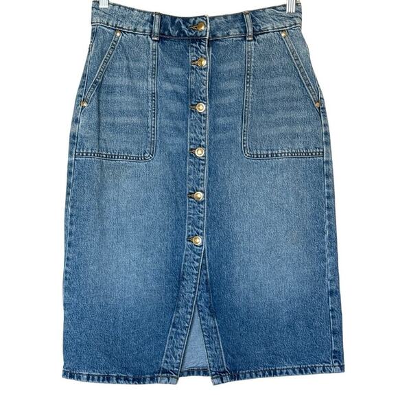 Michael Kors Womens Denim Gold Button Front Midi Skirt Size 8 - Picture 1 of 9